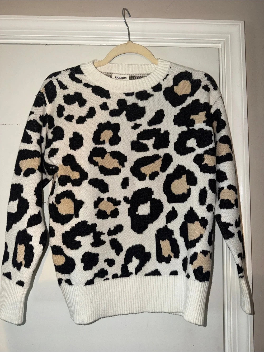 Sugarlips Black and Tan Leopard Crewneck Sweater - Picture 1 of 8